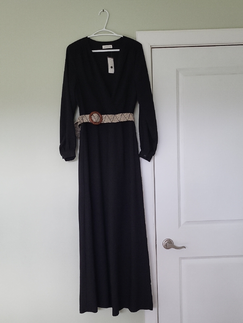 Long Black Women's Pant Suit with Woven Belt